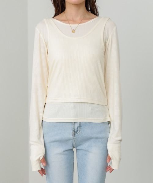 Bab（バブ）の「パイピングリブトップス＆タンクSET（Tシャツ/カットソー・レディース・アイボリー/チャコールグレー/ブルー・FREE）」の12枚目の写真