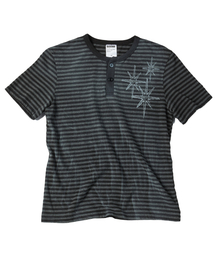 UNTITLED SEOUL（アンタイトル ソウル）の「アンタイトル ステリナイト ウォッシュドストライプ ヘンリーネック 半袖 ブラックチャコール（Tシャツ/カットソー）」