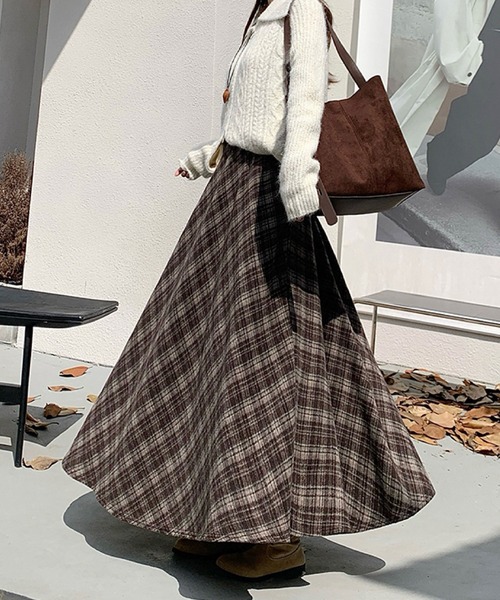 クラシカルチェック柄フレアロングスカート（スカート）｜2ly2