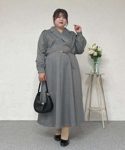 Louiosy(ルオシー)の「【Louiosy】【大きいサイズ】ベルト付きジャケット風ワンピース(ワンピース・レディース・グレー/ベージュ・4L/3L/X-LARGE)」の6枚目の写真