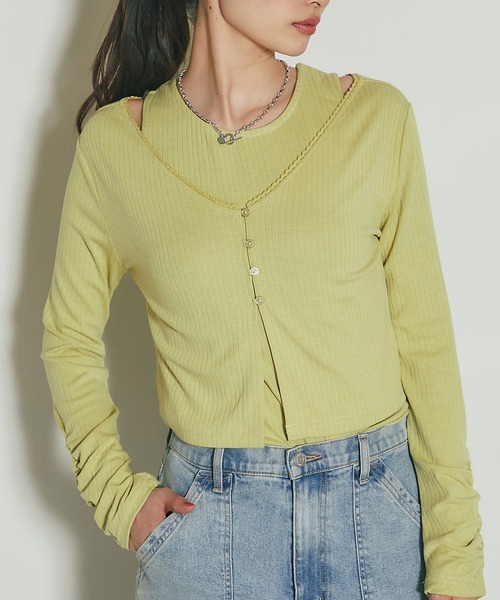 &. NOSTALGIA(アンドドットノスタルジア)の「ピコレースレイヤードカットソー(Tシャツ/カットソー・レディース・イエロー系/チャコールグレー・M)」の2枚目の写真