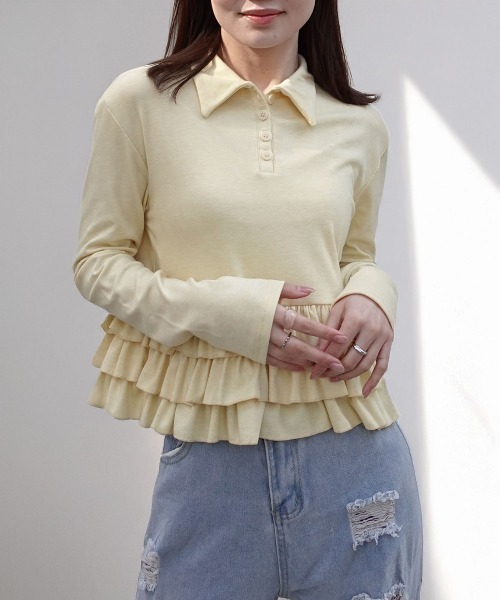 CORNERS(コーナーズ)の「裾フリルポロカラートップス(Tシャツ/カットソー・レディース・イエロー/ブラック/アイボリー/グレー・M)」の4枚目の写真