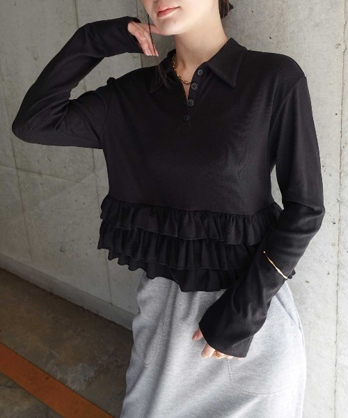 CORNERS(コーナーズ)の「裾フリルポロカラートップス(Tシャツ/カットソー・レディース・イエロー/ブラック/アイボリー/グレー・M)」の3枚目の写真