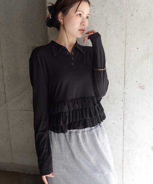 CORNERS(コーナーズ)の「裾フリルポロカラートップス(Tシャツ/カットソー・レディース・イエロー/ブラック/アイボリー/グレー・M)」の10枚目の写真