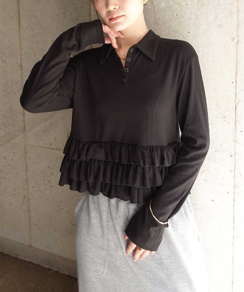 CORNERS(コーナーズ)の「裾フリルポロカラートップス(Tシャツ/カットソー・レディース・イエロー/ブラック/アイボリー/グレー・M)」の11枚目の写真