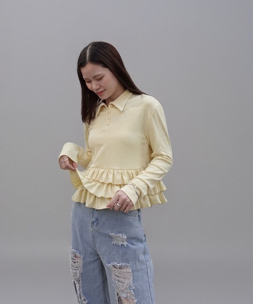 CORNERS(コーナーズ)の「裾フリルポロカラートップス(Tシャツ/カットソー・レディース・イエロー/ブラック/アイボリー/グレー・M)」の15枚目の写真