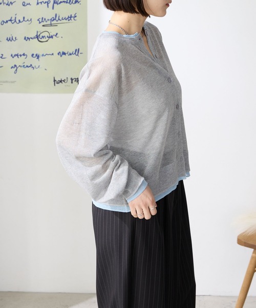 MONO-MART(モノマート)の「レイヤード風 サマーニットシアー長袖カーディガン<UV60%カット/接触冷感/マシンウォッシャブル/抗ピリング>(カーディガン/ボレロ・レディース・ネイビー/チャコール/ライトグレー/ブラウン/レッド/アイボリー/ブラック・FREE)」の12枚目の写真
