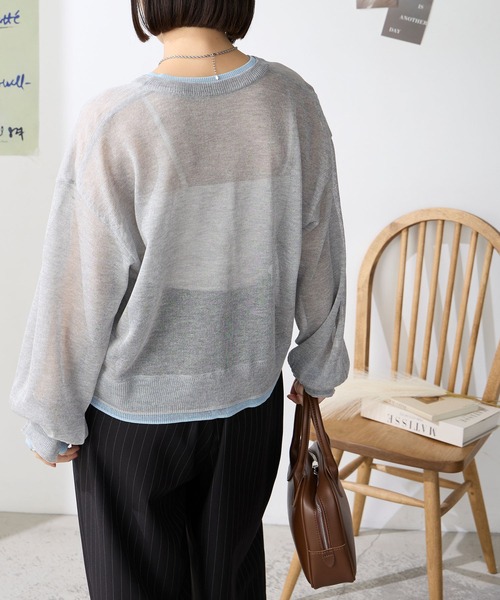レイヤード風 サマーニットシアー長袖カーディガン＜UV60%カット/接触