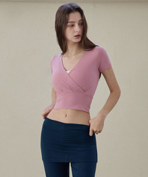 レディース ヨガウェア DEVI-T0058-エッシュピンク ピラティスティラップVクロップTシャツ