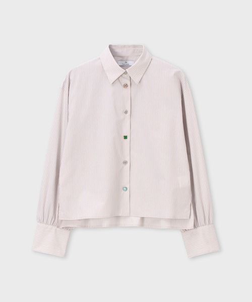 PS Paul Smith(ピーエスポールスミス)の「ウィメンズ ラッキーチャームボタン ストライプ シャツ / 165322 SH288(シャツ/ブラウス・レディース・ライトグリーン/ライトピンク・40/38)」の1枚目の写真