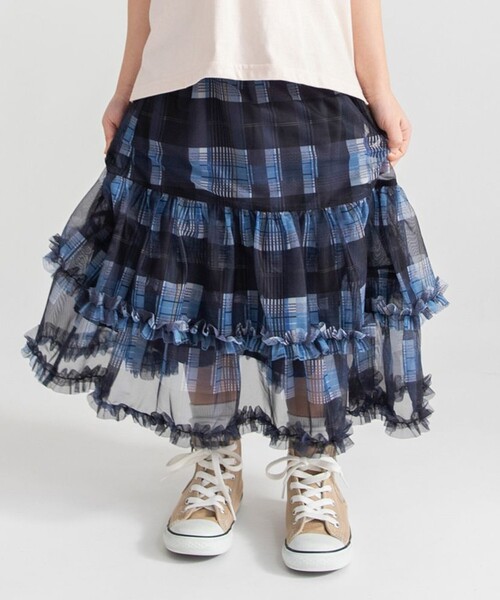 BRANSHES（ブランシェス）の「チェックチュールフリルティアードスカート（スカート・キッズ・ブルー/ベージュ・XL/M/L）」の2枚目の写真