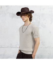 KUME（クメ）の「Men Waffle Crochet Short Sleeved Knit Top, Gray（ニット/セーター）」