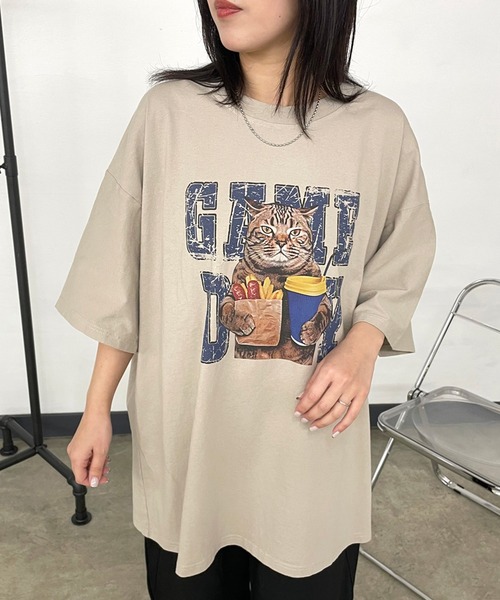 CRB(シーアールビー)の「キャットプリントビッグTシャツ(Tシャツ/カットソー・レディース・ベージュ/チャコール/オフホワイト/ブラウン・F)」の17枚目の写真