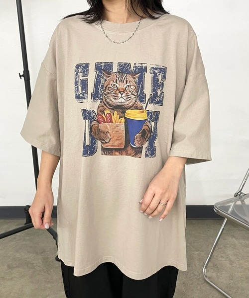 CRB(シーアールビー)の「キャットプリントビッグTシャツ(Tシャツ/カットソー・レディース・ベージュ/チャコール/オフホワイト/ブラウン・F)」の18枚目の写真