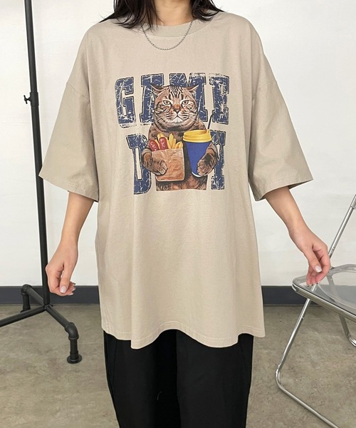 CRB(シーアールビー)の「キャットプリントビッグTシャツ(Tシャツ/カットソー・レディース・ベージュ/チャコール/オフホワイト/ブラウン・F)」の19枚目の写真