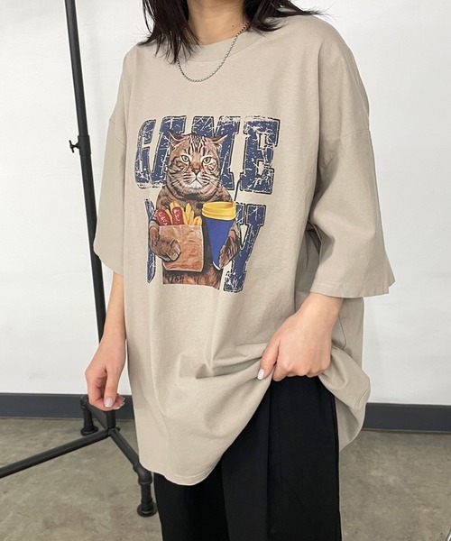 CRB(シーアールビー)の「キャットプリントビッグTシャツ(Tシャツ/カットソー・レディース・ベージュ/チャコール/オフホワイト/ブラウン・F)」の20枚目の写真