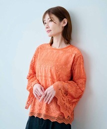 LINKABLE リンカブル　ストライプレースブラウス（オレンジ） TOPS | LINKABLE