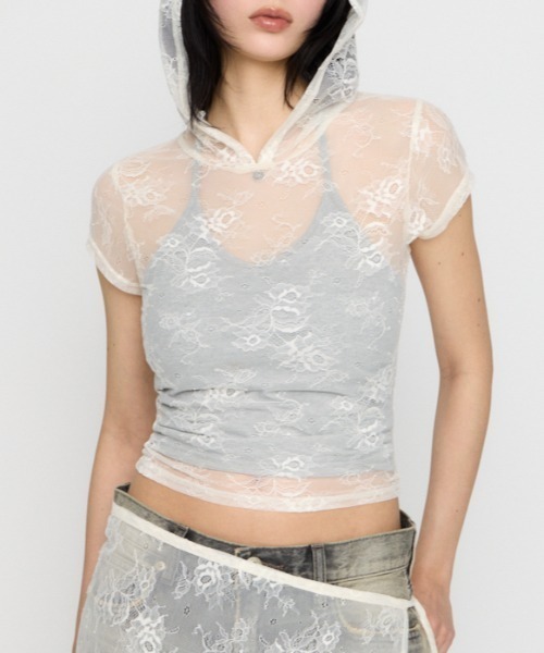 LAGUA GEM(ラグアジェム)の「MESH LACE HOODIE トップス(パーカー・レディース・ブラック/ホワイト・FREE)」の2枚目の写真