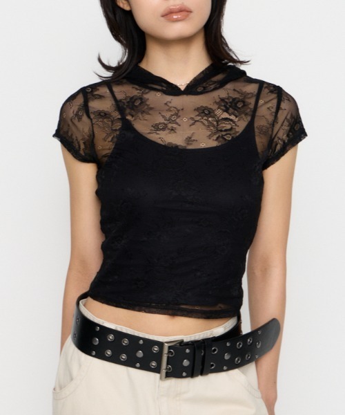 LAGUA GEM(ラグアジェム)の「MESH LACE HOODIE トップス(パーカー・レディース・ブラック/ホワイト・FREE)」の1枚目の写真