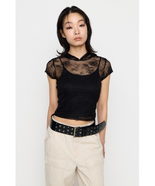 LAGUA GEM(ラグアジェム)の「MESH LACE HOODIE トップス(パーカー・レディース・ブラック/ホワイト・FREE)」の14枚目の写真