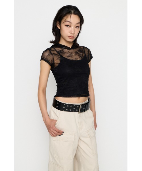 LAGUA GEM(ラグアジェム)の「MESH LACE HOODIE トップス(パーカー・レディース・ブラック/ホワイト・FREE)」の13枚目の写真