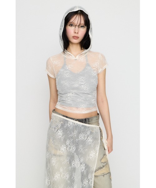LAGUA GEM(ラグアジェム)の「MESH LACE HOODIE トップス(パーカー・レディース・ブラック/ホワイト・FREE)」の10枚目の写真