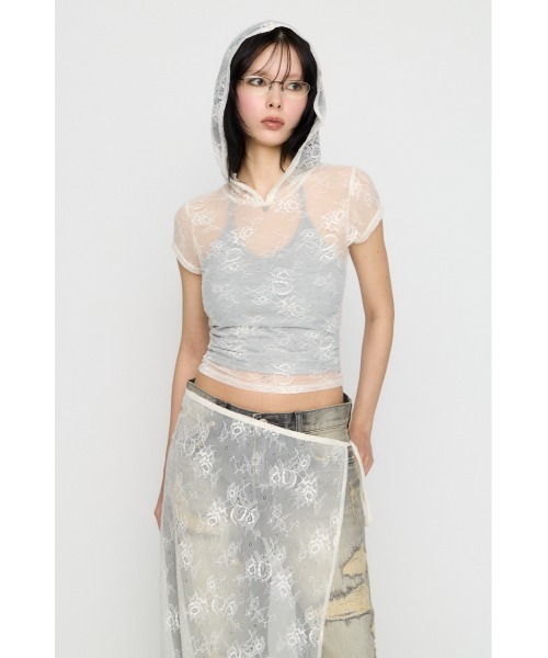LAGUA GEM(ラグアジェム)の「MESH LACE HOODIE トップス(パーカー・レディース・ブラック/ホワイト・FREE)」の9枚目の写真