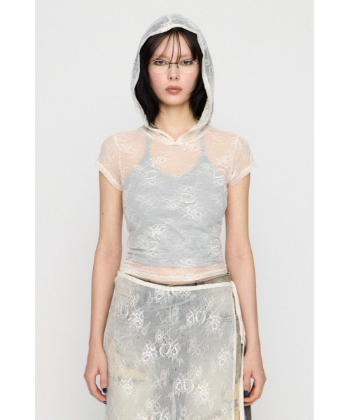 LAGUA GEM(ラグアジェム)の「MESH LACE HOODIE トップス(パーカー・レディース・ブラック/ホワイト・FREE)」の7枚目の写真