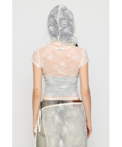 LAGUA GEM(ラグアジェム)の「MESH LACE HOODIE トップス(パーカー・レディース・ブラック/ホワイト・FREE)」の4枚目の写真