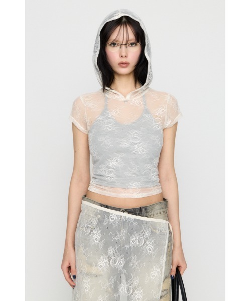 LAGUA GEM(ラグアジェム)の「MESH LACE HOODIE トップス(パーカー・レディース・ブラック/ホワイト・FREE)」の16枚目の写真