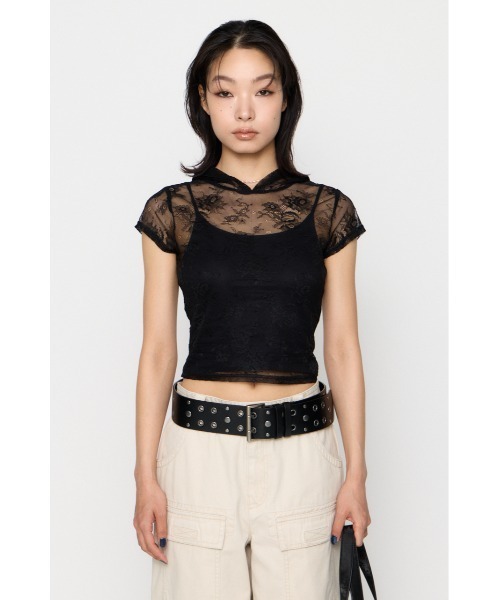 LAGUA GEM(ラグアジェム)の「MESH LACE HOODIE トップス(パーカー・レディース・ブラック/ホワイト・FREE)」の15枚目の写真