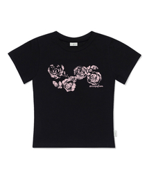 ライングローズプリントスリムフィット半袖Tシャツブラック