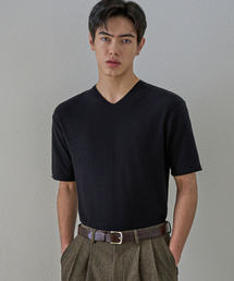 TRIP LE SENS（トリップ ル センス）の「センタラインサマーVネックハーフニット_ブラック（Tシャツ/カットソー）」