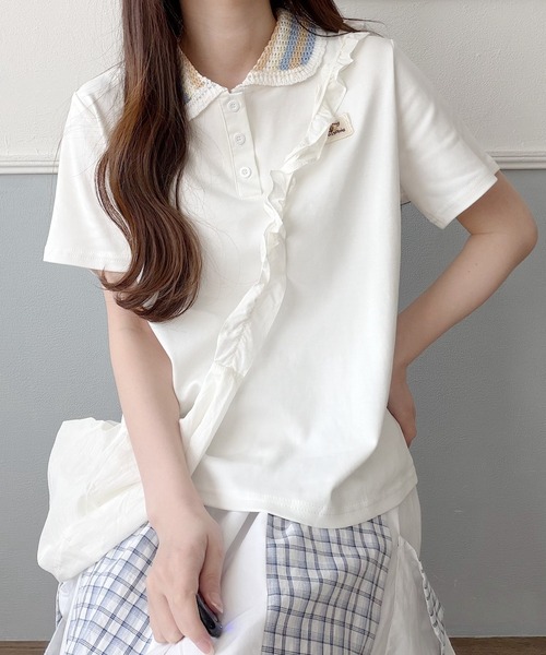 Nana(ナナ)の「ニット襟 ワンポイントポロトップス(ポロシャツ・レディース・ホワイト/グレー/ブラック・FREE)」の7枚目の写真