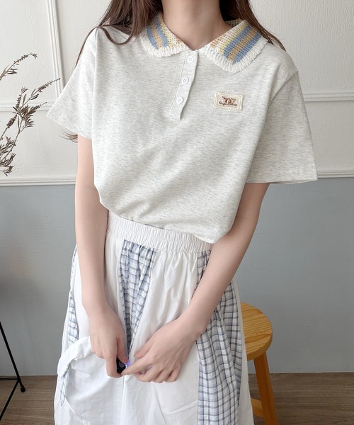 Nana(ナナ)の「ニット襟 ワンポイントポロトップス(ポロシャツ・レディース・ホワイト/グレー/ブラック・FREE)」の8枚目の写真