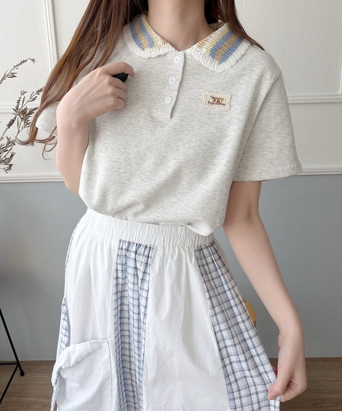 Nana(ナナ)の「ニット襟 ワンポイントポロトップス(ポロシャツ・レディース・ホワイト/グレー/ブラック・FREE)」の9枚目の写真