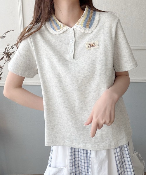 Nana(ナナ)の「ニット襟 ワンポイントポロトップス(ポロシャツ・レディース・ホワイト/グレー/ブラック・FREE)」の14枚目の写真