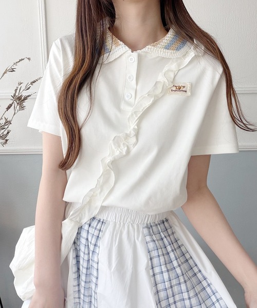 Nana(ナナ)の「ニット襟 ワンポイントポロトップス(ポロシャツ・レディース・ホワイト/グレー/ブラック・FREE)」の16枚目の写真