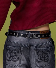 METAL LOGO STUDDED FAUX LEATHER BELT
