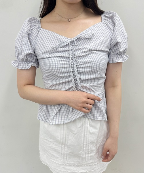 frunco(フランコ)の「チェックギャザークロップドブラウス(シャツ/ブラウス・レディース・ブルー/イエロー/パープル/ピンク/グリーン・FREE)」の4枚目の写真