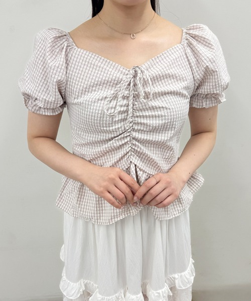 frunco(フランコ)の「チェックギャザークロップドブラウス(シャツ/ブラウス・レディース・ブルー/イエロー/パープル/ピンク/グリーン・FREE)」の5枚目の写真