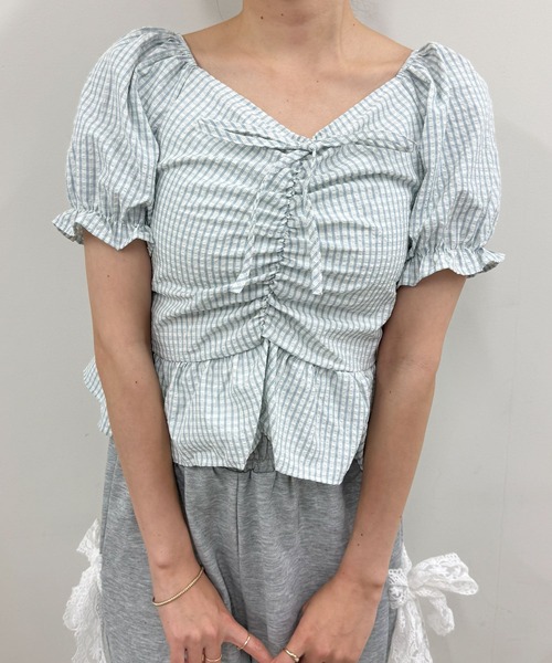 frunco(フランコ)の「チェックギャザークロップドブラウス(シャツ/ブラウス・レディース・ブルー/イエロー/パープル/ピンク/グリーン・FREE)」の3枚目の写真