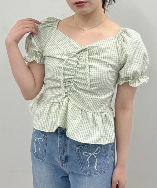 frunco(フランコ)の「チェックギャザークロップドブラウス(シャツ/ブラウス・レディース・ブルー/イエロー/パープル/ピンク/グリーン・FREE)」の2枚目の写真