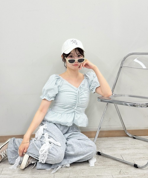 frunco(フランコ)の「チェックギャザークロップドブラウス(シャツ/ブラウス・レディース・ブルー/イエロー/パープル/ピンク/グリーン・FREE)」の21枚目の写真