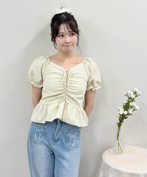 frunco(フランコ)の「チェックギャザークロップドブラウス(シャツ/ブラウス・レディース・ブルー/イエロー/パープル/ピンク/グリーン・FREE)」の16枚目の写真