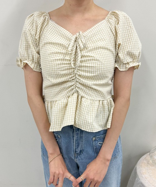 frunco(フランコ)の「チェックギャザークロップドブラウス(シャツ/ブラウス・レディース・ブルー/イエロー/パープル/ピンク/グリーン・FREE)」の18枚目の写真