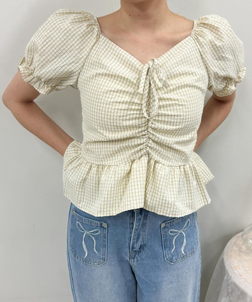 frunco(フランコ)の「チェックギャザークロップドブラウス(シャツ/ブラウス・レディース・ブルー/イエロー/パープル/ピンク/グリーン・FREE)」の17枚目の写真