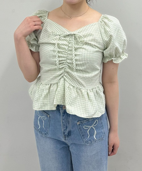 frunco(フランコ)の「チェックギャザークロップドブラウス(シャツ/ブラウス・レディース・ブルー/イエロー/パープル/ピンク/グリーン・FREE)」の13枚目の写真