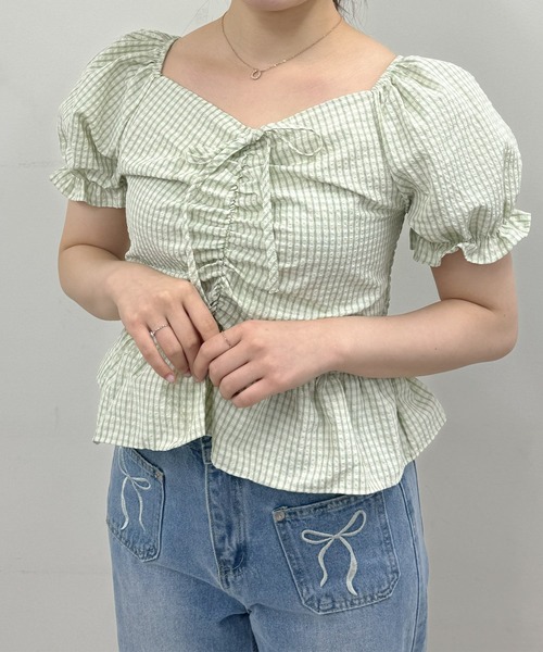 frunco(フランコ)の「チェックギャザークロップドブラウス(シャツ/ブラウス・レディース・ブルー/イエロー/パープル/ピンク/グリーン・FREE)」の12枚目の写真