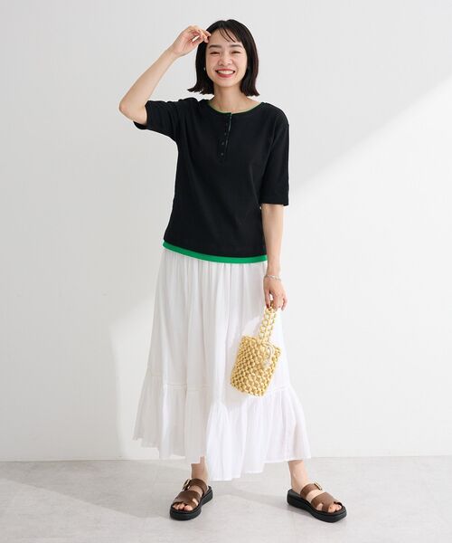 Green Parks(グリーンパークス)の「配色ヘンリーネック半袖プルオーバー(Tシャツ/カットソー・レディース・ブラック/杢グレー/オフホワイト・FREE)」の18枚目の写真